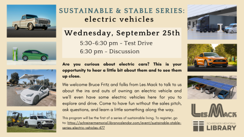 Are you curious about electric cars? This is your opportunity to hear a little bit about them and to see them up close.   We welcome Bruce Fritz and folks from Les Mack to talk to us about the ins and outs of owning an electric vehicle and we’ll even have some electric vehicles here for you to explore and drive. Come to have fun without the sales pitch, ask questions, and learn a little something along the way. 