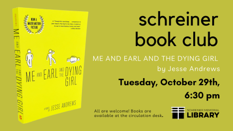 Please feel free to bring a beverage and be ready to discuss the book, Me and Earl and the Dying Girl by Jesse Andrews. All are welcome! Pick up your copy at our circulation desk today.  Zoom option is available by contacting Kristin at kholman-steffel@swls.org.